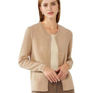 100% Cashmere Women's Cable Knit Cardigan Sweaters for Women Long Sleeve Crew